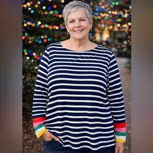 Boden Navy and White Striped Top with Colorful Cuffs